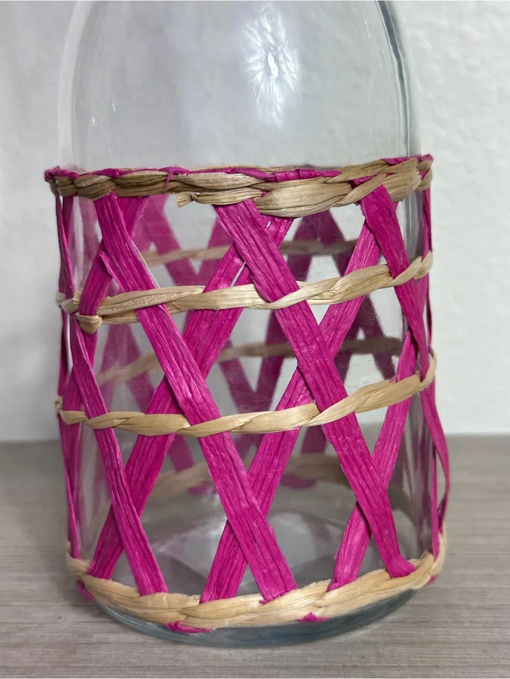 Hobby Lobby Clear Glass Carafe with Pink Woven Sleeve